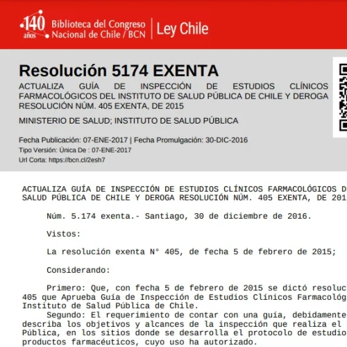 Resolución 5174 Exenta – Actualiza guía de inspección de estudios clínicos farmacológicos del Instituto de Salud Pública de Chile y deroga resolución nº 405 exenta, de 2015