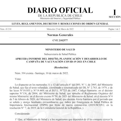Aprueba informe del diseño, planificación y desarrollo de campaña de vacunación Covid-19 2021 en Chile