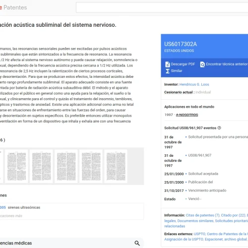 Manipulación acústica subliminal del sistema nervioso (US6017302A)